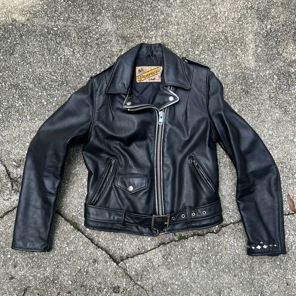 Vtg 80s Schott NYC Perfecto Black Leather Motorcycle Jacket Studded Womens 10